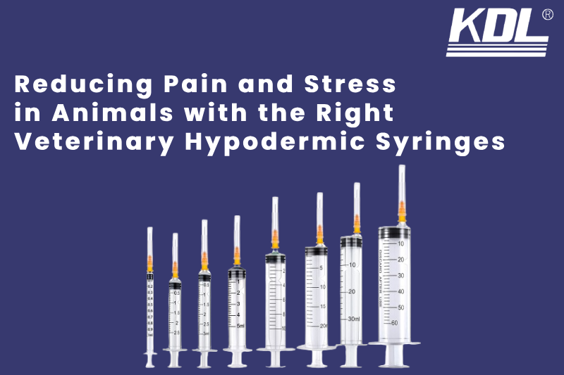 An array of veterinary hypodermic syringes of varying sizes displayed against a dark blue background, with text promoting their use in reducing pain and stress in animals.